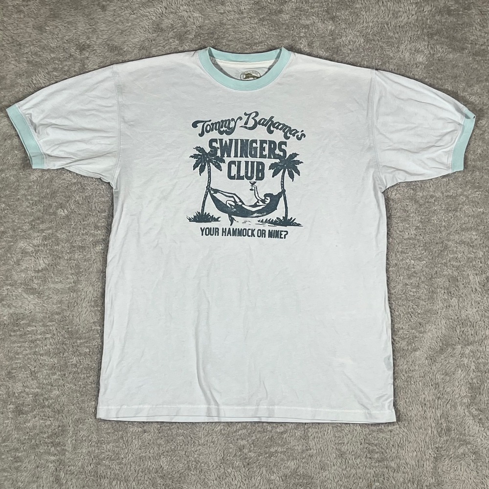Tommy Bahama Swingers Club Graphic Ringer T-Shirt Mens Medium Blue RN 70361